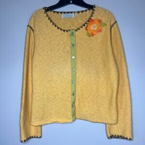 VTG Yellow Knit Button Front Cardigan Sweater Floral Applique Sz M Boho Eclectic